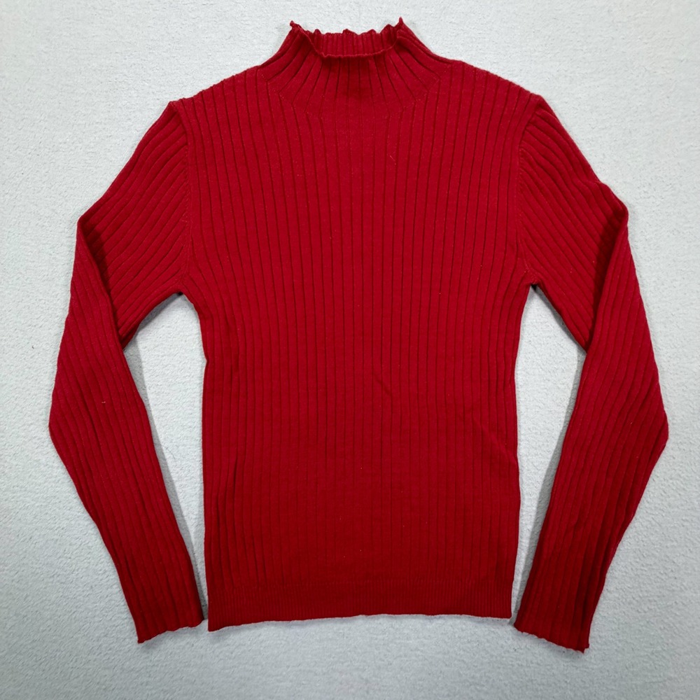 Philosophy Mock Neck Sweater Womens PL Good Red Ribbed Knit Lettuce Edge Trim